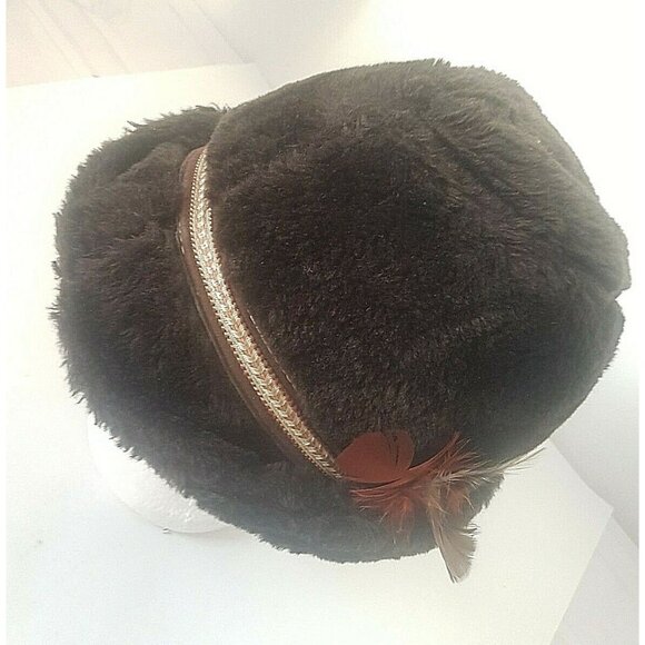 BILTMORE Women's Fur Hat Brown Ear Flaps Medium Vintage with Feather - Picture 11 of 12
